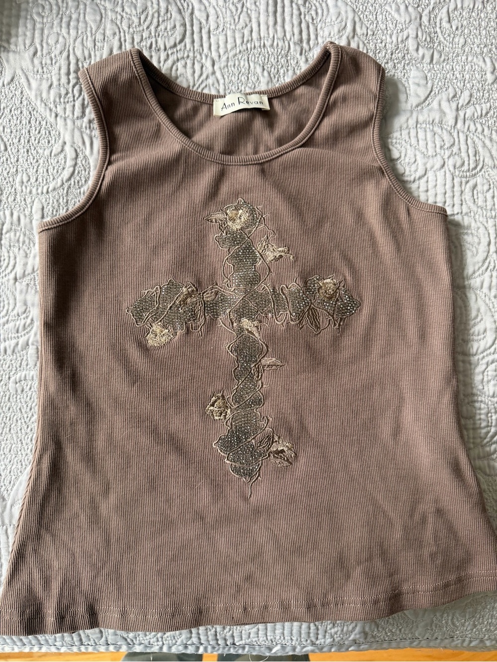 Taupe brown tank top with Embroidered Cross and rose detailing